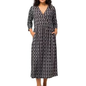 Ulla Popken Matte Jersey Print Surplice Empire A-line Pocket Dress Size 36/38